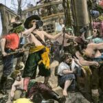 Drunk pirates drinking on board their ship to celebrate the reussite of a plunder. Colour engraving of the 19th century.